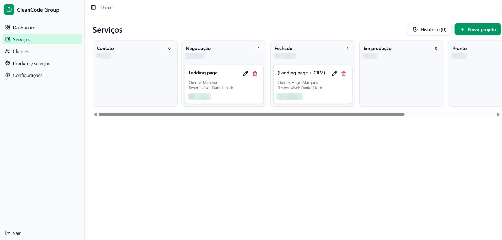 Tela 1 do Fluxo CRM